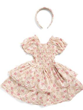 NWT RABBIT AND BEAR ORGANIC Girls Floral Tiered Organic Cotton Dress w Headband